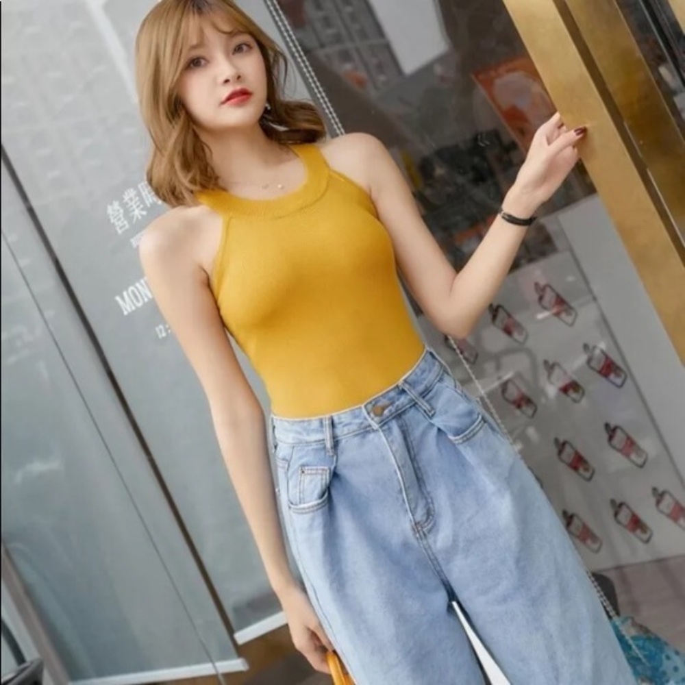 Sexy Women Knitted Tank Tops Vest Sequined‎ U Neck Long Crop Tops Solid Yellow